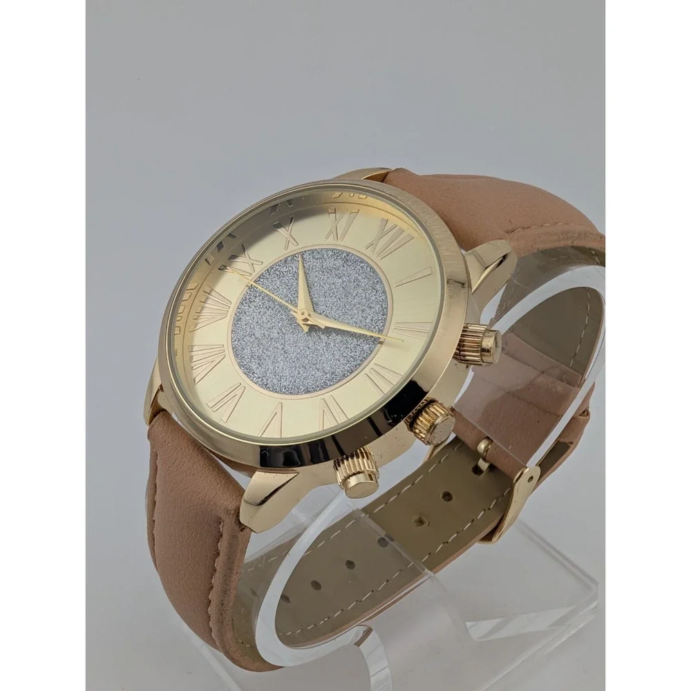 Kessaris Watch‎ Women 38mm Gold Case Tan Faux Leather Band- New Battery
